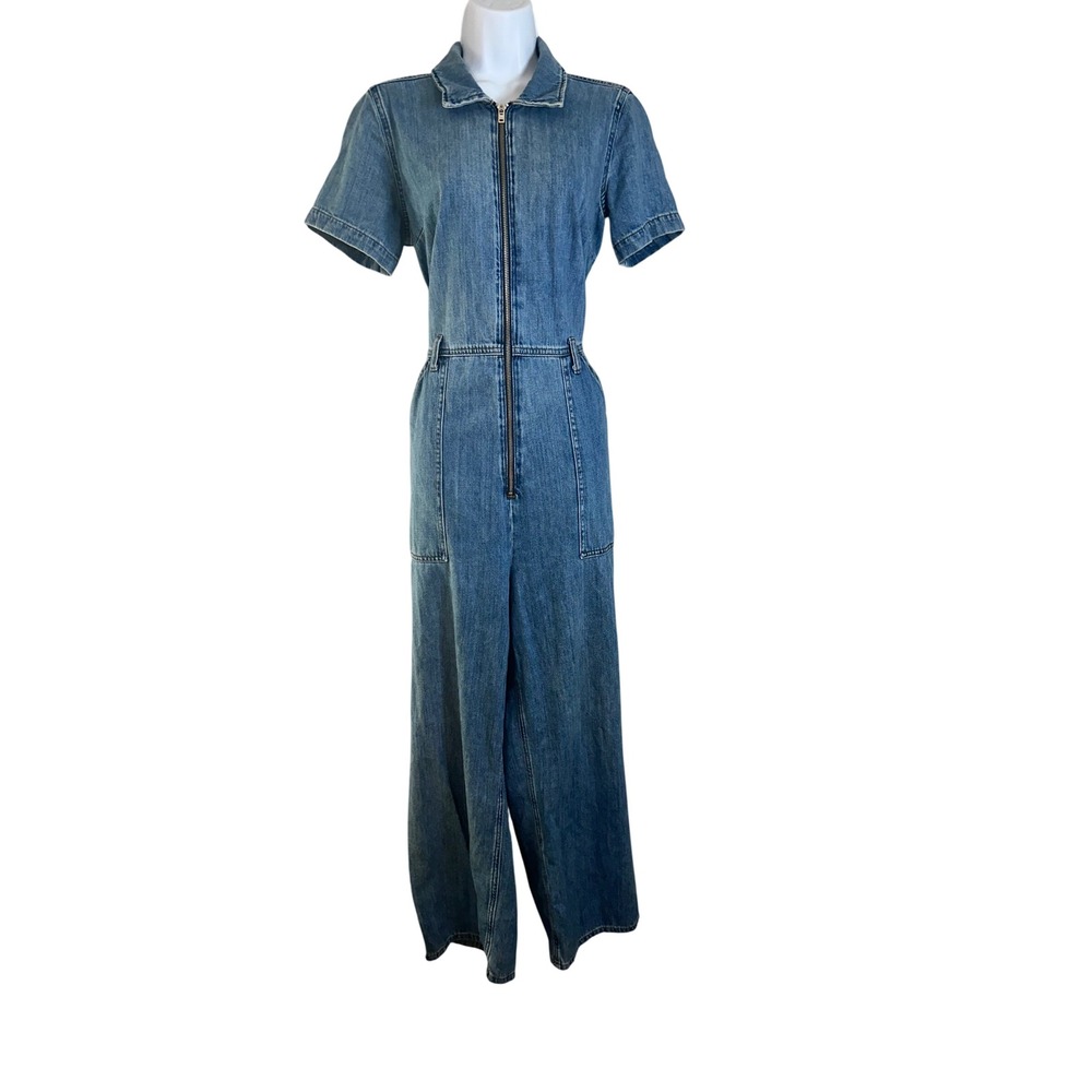 Reformation Cassidy Denim Jumpsuit 12 Medium Wash Wide Leg Zip Front Blue